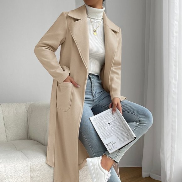 Apricot Preppy Womens Lapel Neck Dual Pocket Belted Overcoat - Picture 1 of 5